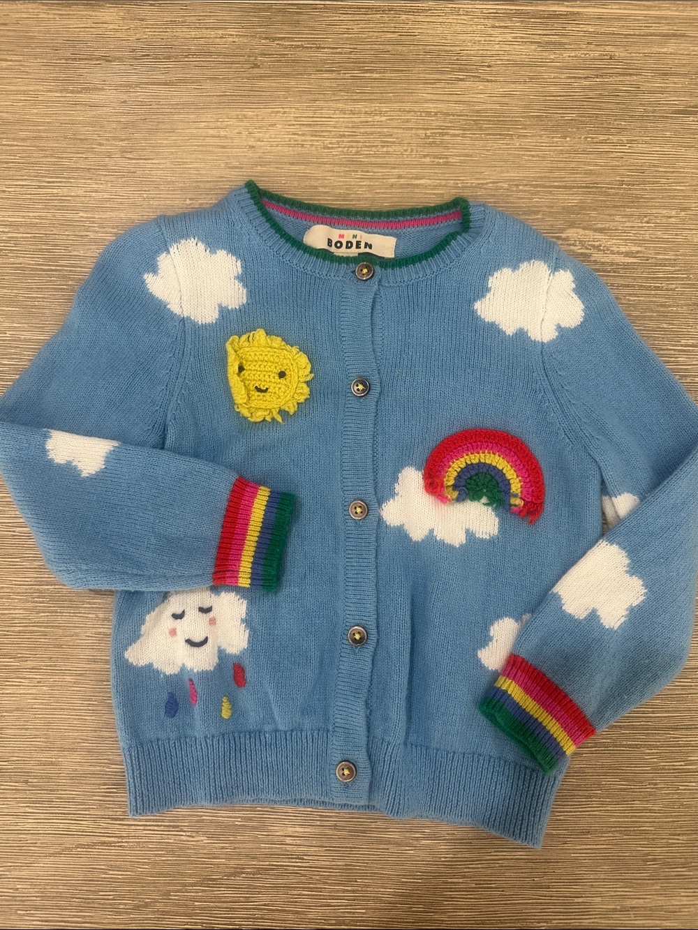 Mini Boden Blue Cloud and Rainbow Applique Cardigan